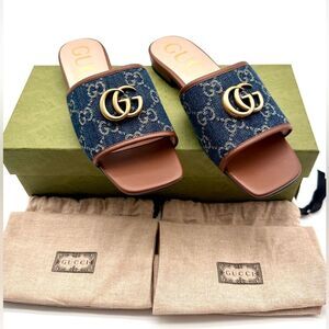 Gucci Jolie Denim Marmont GG Monogram Miro Calfskin Slide Sandals EU 36.5